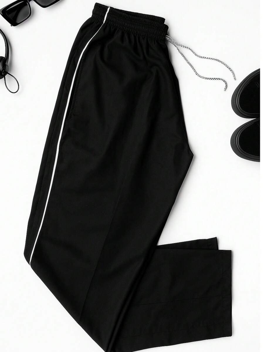 Essential Streetwear Pants, Straight Fit, Wide Leg, Lightweight Microfiber, With Adjustable Waist And Pockets - 黑色 - 查看 1