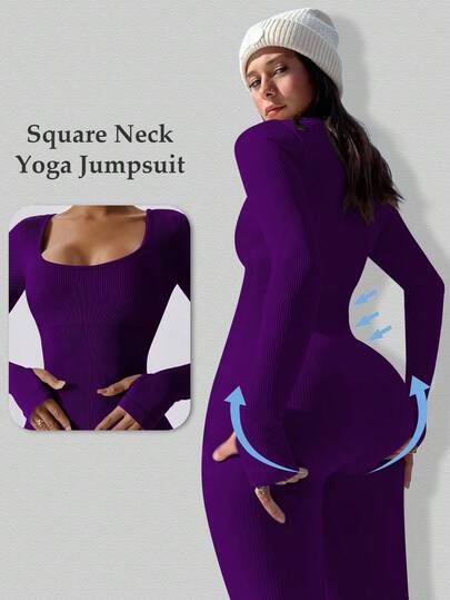Yefecy Women's Workout Jumpsuit - Ribbed Long Sleeve Solid Color Bodysuit For Yoga & Exercise