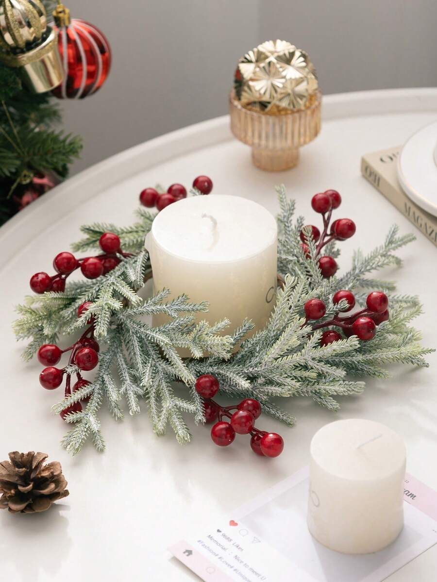 MEHELANY 1 buc inele de lumânări cu ace de pin artificiale din fructe de pădure, suporturi pentru lumânări cu ghirlandă, inele de ace de pin artificiale pentru decorațiuni de masă de Crăciun, decorațiuni pentru lumânări cu ghirlandă, ghirlandă cu verdeață artificială, flori artificiale, vază de interior, decorațiuni pentru piesa centrală a șemineului, decor de Crăciun pentru casă, decorațiuni pentru piesa centrală a mesei