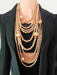 1 Set Women's Fashionable Exaggerated Pearl Decor Necklace, Long Body Chain, Earrings Suit, Elegant Accessories Necklace Round Bead European And American Pearl Necklace New Exaggerated Multi-Layer Collarbone Fashion Retro Versatile Temperament Sweater Jewelry - Pearl Long Necklace Set - View 7