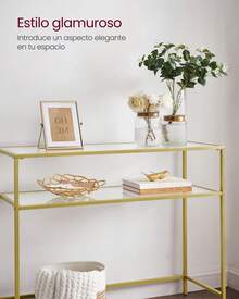 Mesa de Consola, Mesa de Entrada, Extremo del Sofá, Tablero de Vidrio Templado, Marco de Metal, Patas Ajustables, para Salón, Entrada, Pasillo, Dorado y Transparente - Dorado - Ver 2