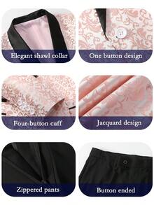 3 Pcs Men Suit Jacquard Blazer Jacket Pants Necktie Shawl Collar Floral Pattern Flap Pockets For Wedding Evening Party Banquet Classic Style - 粉色 - 查看 3