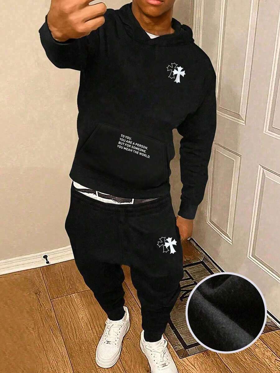 2pcs/Set Teen Boys Versatile Casual Hoodie Sweatshirt And Outdoor Drawstring Fleece Pants, Autumn/Winter