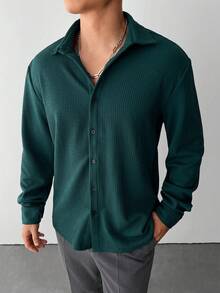 WAIT HIM 男士休闲纯色长袖衬衫 - 墨綠色 - 查看 11