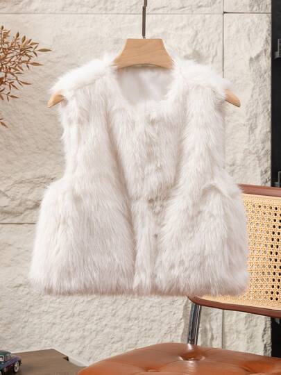 Women's Solid Color Faux Wool Fleece Vest, Daily Wear For Winter