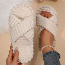 Womens Slippers Fall Winter Memory Foam Open Toe Slide Indoor Outdoor House Shoes Plush Cotton Fuzzy Bedroom Slippers - Khaki - View 4