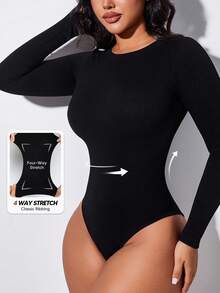 Women's Solid Color Round Neck Fitted Raglan Sleeve Bodysuit, Summer Black Elegant - Black - View 4