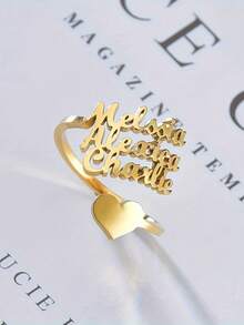 1 pieza Anillo con forma de corazón personalizado con múltiples nombres, anillo ajustable de acero inoxidable personalizado con 1-3 nombres, accesorios de moda para mujer, anillo de apellido único, joyería personalizada de moda, adecuado para uso diario, Día de la Madre, cumpleaños, Halloween, regalos de Navidad - Multicolor - Ver 6