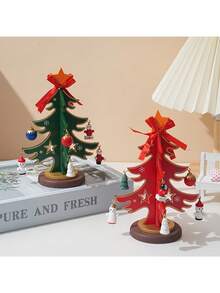 1PC DIY Wooden Mini Christmas Tree Kit With Ornaments - Handmade Festive Home Decor For Desk, Shelf & Christmas Gift Idea (Green & Red)​