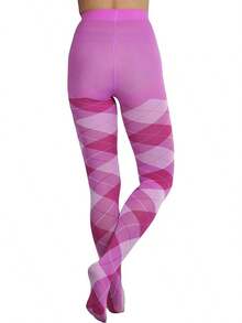 Women's Argyle Checkered Rhombus Net Opaque Sheer Tights Pantyhose, Fashionable 2025 7FWD - 大號不透明對比菱形花紋印花 - 粉紅色/紫紅色 - 查看 5