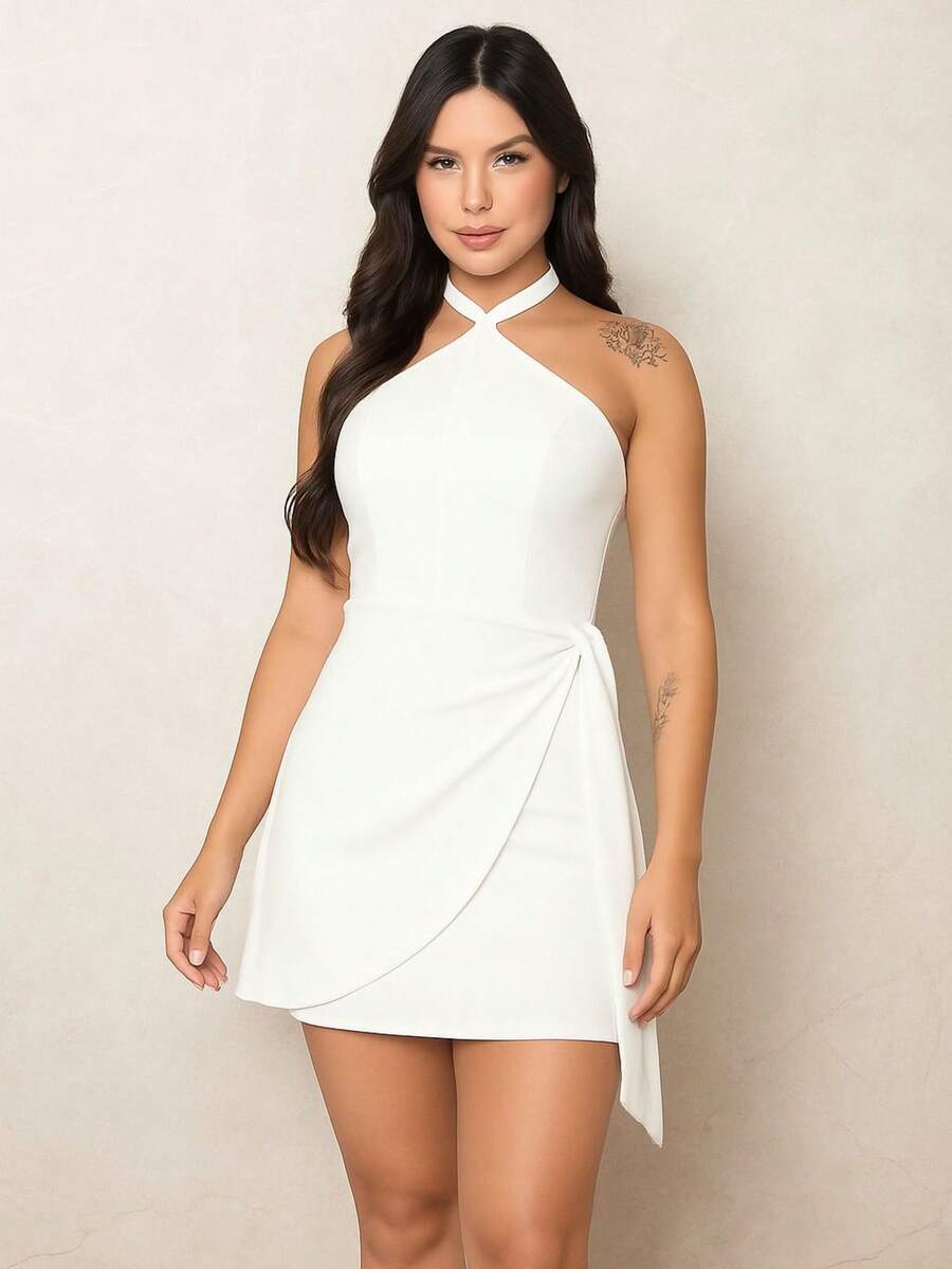 Women's Short Halter Dress, Elegant, Wrapped, Party, Club, Summer - trắng - Xem 1