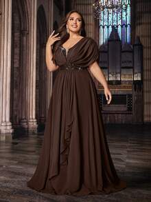 经典款大码女士夏季正式晚礼服，高档派对礼服，适合派对、生日、晚宴等场合，雪纺短袖亮片拼接长裙，春季婚纱礼服 - 咖啡棕 - 查看 4