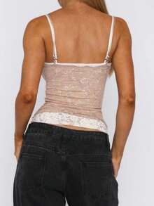 Women Y2k Lace Floral Camisole Patchwork Spaghetti Strap Crop Tank Tops Sleeveless Backless Tank Tops Open Back Going Out Tops Slim Fitted Shirt Basic Tees Club Streetwear Aesthetic Clothes - 卡其色 - 查看 2