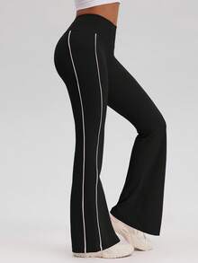 OQQ Women's High Waist Flare Yoga Pants With Pockets – Workout Trousers With Side Stripe Gym Sport Workout Pants Trousers - Black - View 1