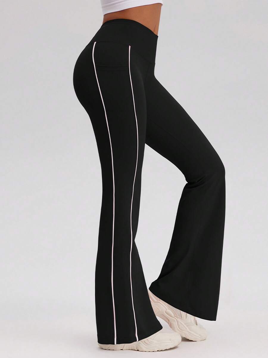 OQQ Women's High Waist Flare Yoga Pants With Pockets – Workout Trousers With Side Stripe Gym Sport Workout Pants Trousers - Black - View 1