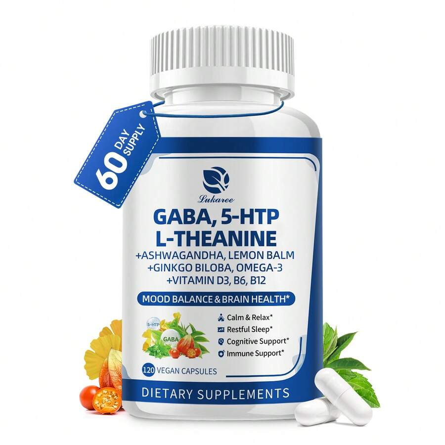 MULITTEA GABA Supplements 750mg With L Theanine, 5HTP, Ashwagandha, Lemon Balm, Ginkgo Biloba, Omega-3, 10 In 1 GABA Calm Capsules For Sleep, Relaxation, Focus, Mood Support, Cortisol Balance - 120CT - 1 Gói (120 chiếc) - Xem 1