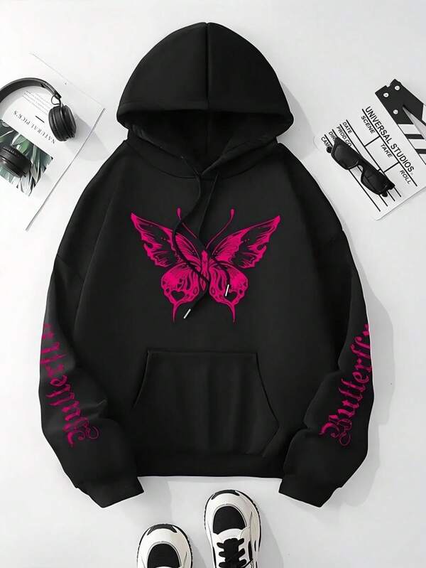 Damen Lässig Hoodie mit Schmetterling- und Buchstaben-Muster, stylisch und vielseitig für den täglichen Gebrauch, Herbst/Winter