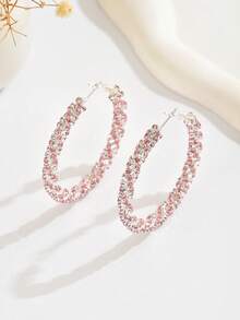 1 Pair Minimalist Chic Copper Rhinestone Geometric Round Luxury Hoop Earrings, Versatile & Elegant Accessories For Women