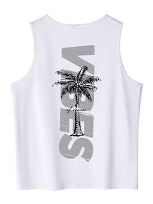 Men's Narrow Shoulder Coconut Tree & Letter Double-Sided Print Tank Top - White - View 2