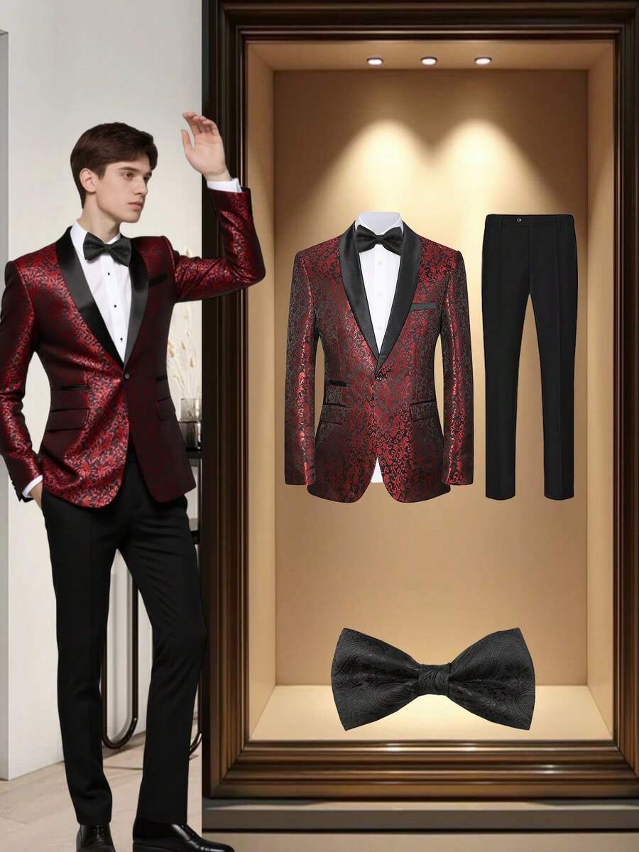 3 Pcs Men Suit Jacquard Blazer Jacket Pants Necktie Shawl Collar Floral Pattern Flap Pockets For Wedding Evening Party Banquet Classic Style - 紅色 - 查看 1