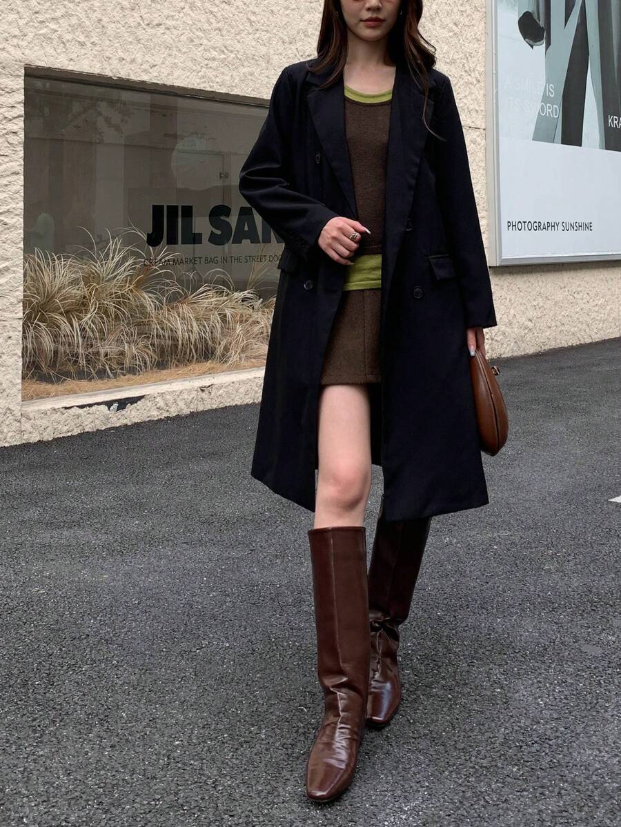 Casual Solid Color Lapel Double Breasted Jacket, Autumn - Black - View 1