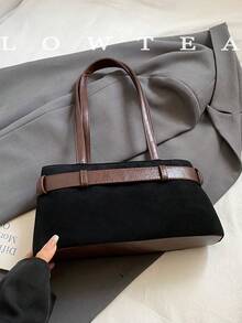 1 件 Low Tea 纯色绒面革单肩包，女士复古时尚方形单肩包，顶部双提手，拉链开合，适合旅行、购物、约会、女士礼物，非常适合通勤、户外、旅行、徒步旅行 - 黑色 - 查看 8