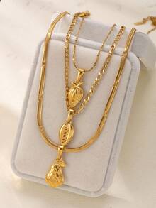 3 peças Colar Multicamadas de Estilo de Férias com Camadas de Pêra e Concha Banhado a Ouro 18K, Aço Inoxidável, Moda Choker