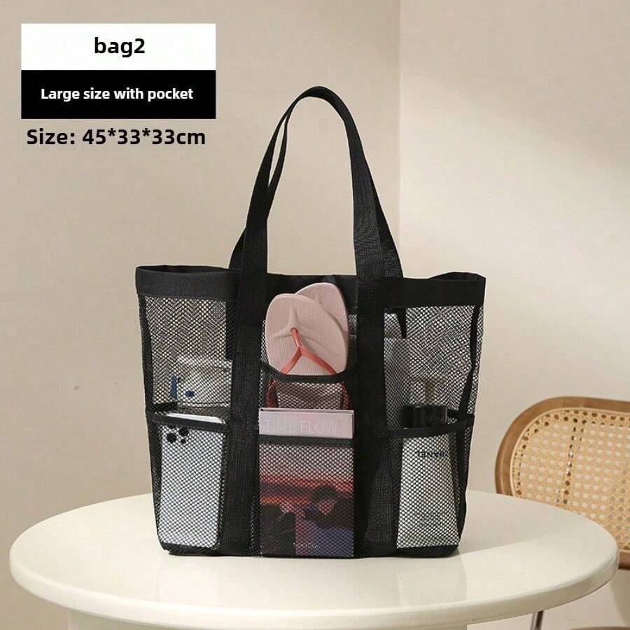 1PC Multifunctional Mesh Beach Bag - Large Capacity Storage For Travel, Swimsuits, Kids' Toys & Student Bath Needs, Hollow Quick-Dry Bag - 黑色-1PC-Bag2 - 查看 1
