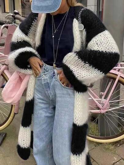 Women's Striped Knit Ribbed Cardigan, Casual Wear For Autumn/Winter