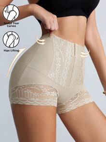 Women Front Button High Compression Tummy Control Shapewear Panties, Waist Trainer Tummy Control, Waist Shapewear, Solid Color With Lace Detail