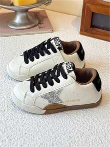 1 Pair Kids Shoes, PU Leather Upper With Shiny Star Pattern, Breathable Flat Sole, Non-Slip, Versatile Casual Sneakers For Outdoor, Sports, School, Party, Travel, Suitable For Spring, Summer, Autumn, Winter (Tip: Runs Small, Please Order 1/2 Size Up Based On Actual Foot Length)