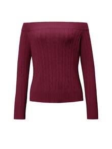 女士秋季露肩毛衣休闲长袖适合生日装、圣诞装和日常穿着 - 酒紅色 - 查看 3