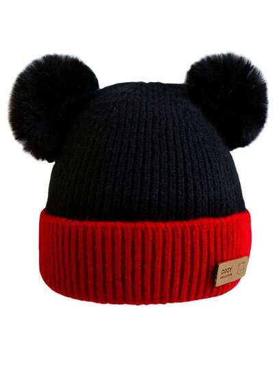 1 pezzo Berretto lavorato a maglia rosso e nero con palline pon pon per bambini, berretto invernale caldo unisex