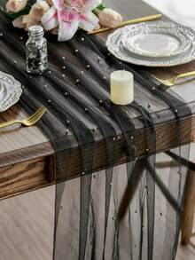 1pc Faux Pearl Decorated Sheer Fabric, Photography Backdrop, Can Be Used As Table Runner, Pearl Background Tablecloth, Wedding White Pearl Sheer Tablecloth, Wedding Arch Decor, Wedding Reception, Bridal Shower, Party Decoration