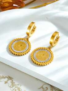 1pc Stainless Steel Large Round Disc Rhinestone Bracelet & Earrings Set, Suitable For Daily Wear - Golden - View 5