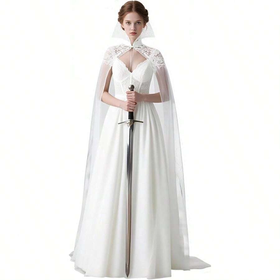 L'VOW Black Vampire Cloak With Lace Collar Women Standinng Collar Long Tulle Cape Gothic Cloak Halloween Witch Cosplaygift - 白色 - 查看 1