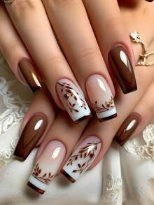 Brown Leaf Pattern Nails,French Tip Nails,Fall Nail Stickers,Suitable For Festivals, Parties, Friends' Gatherings, Dates, And Daily Wear, It Is The Perfect Nail Art Gift For Ladies Or Girls. Press On Nails