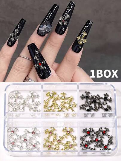 1 caja 30 piezas Joyería de uñas de cruz 3D - Decoraciones de arte de uñas de metal de aleación gótico con rhinestone | Accesorios de uñas acrílicas