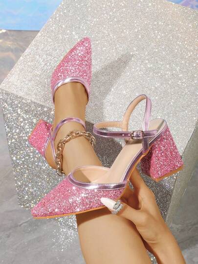 Novos sapatos femininos de salto alto grosso com lantejoulas rosa e bico fino