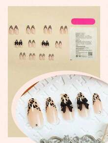 24pcs French Manicure Nail Stickers, Rectangular, 3D Line Art, Leopard Print Decor, Red Bow & Rhinestone Design, Smooth Surface, Full Coverage False Nails, Suitable For Women & Girls Daily Wear - 多色 2 - 查看 4