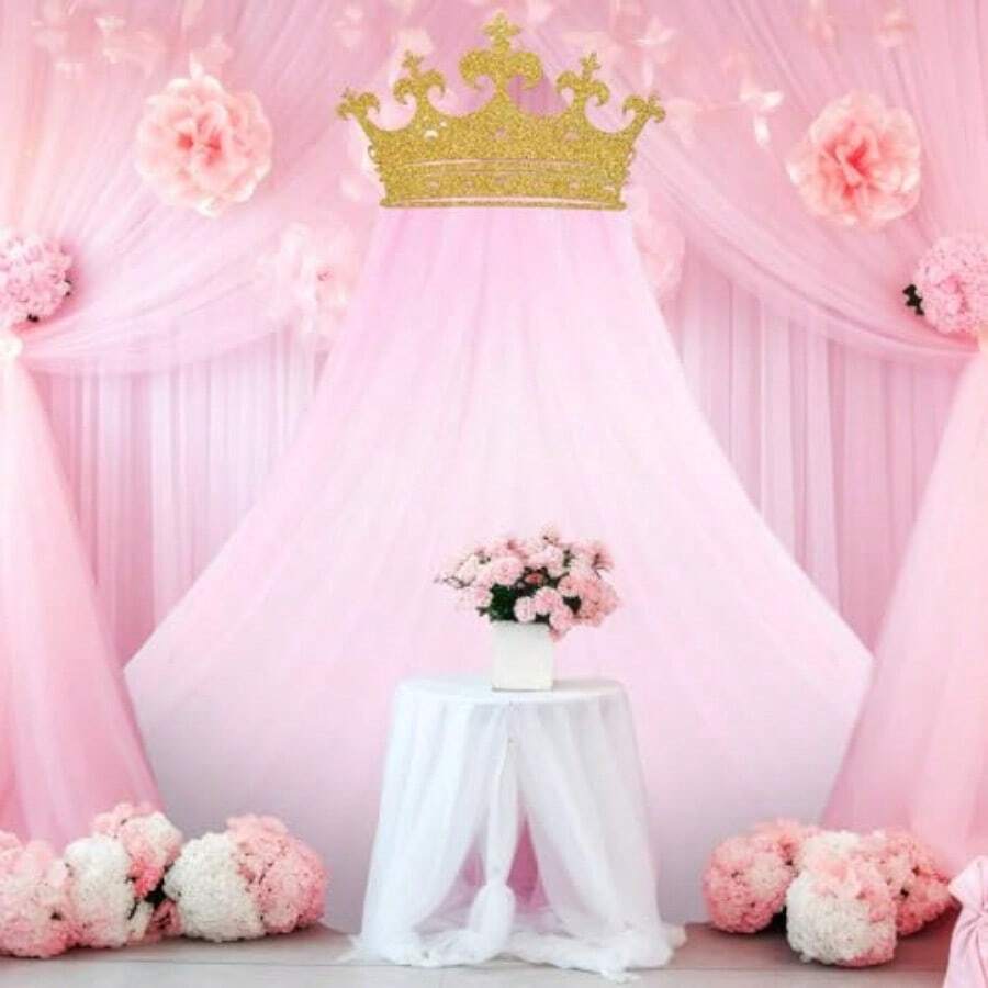 D2pcs Princ Party Pink Tulle Background Curtain Decorations Set Glitter Crown Oversized 5x8 Ft Pink Gauze Backdrop For Princ Birthdays Party Mothers Day Bridal Baby Showers Wedding10 - 如圖 - 查看 1