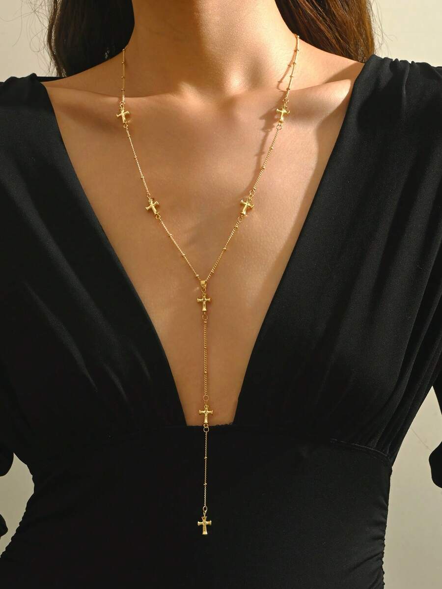 1pc Fashionable Vintage Metal Cross Y-Shaped Long Tassel Pendant Necklace, Minimalist Choker Suitable For Women's Daily, Travel, Party Wear, Valentine's Day Gift