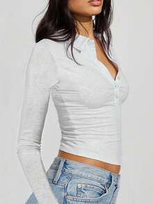 Spring And Summer New POLO Collar Button Short-Sleeved Tight Sports Waisted Versatile Tops - Xám - Xem 1