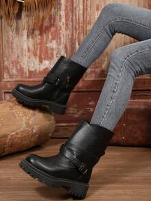 Damskie buty w stylu retro, jesień/zima, duże rozmiary, pasek z klamrą, okrągły nosek, zamek błyskawiczny z boku, gruba podeszwa, impreza