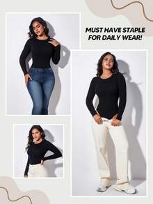 Women's Solid Color Round Neck Fitted Raglan Sleeve Bodysuit, Summer Black Elegant - Black - View 5