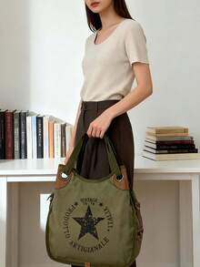 Túi xách nữ cỡ lớn in hình ngôi sao cổ điển, có khóa kéo, màu xanh ô liu/đen/xám/kaki, kiểu dáng cổ điển retro, có thể đeo vai hoặc đeo chéo, giặt máy được, nhiều ngăn, in chữ, trang trí họa tiết, thời trang đa năng, lý tưởng cho đi làm, mua sắm, du lịch, dự tiệc, hẹn hò và các dịp năm mới. - Nhiều màu - Xem 8