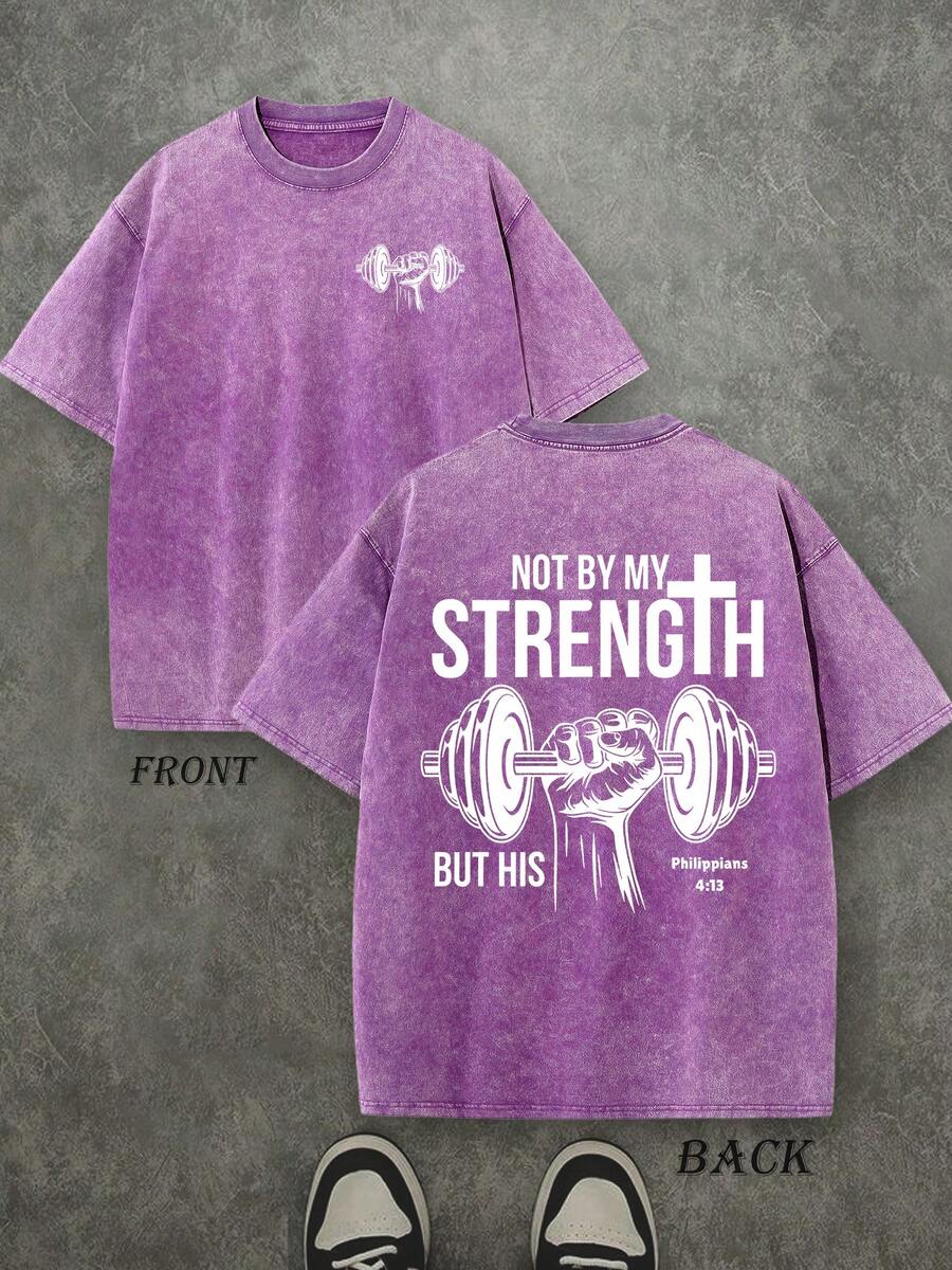 Retro Washed T-Shirt Double Sided Printed (230 Pure Cotton T-Shirt) 'NOT BY MY STRENGTH BUT HIS'  Letter And Pattern Print, Men's T-Shirt, Men's Casual, Comfortable, Fashionable T-Shirt, Street Style Cotton - 紫丁香色 - 查看 1