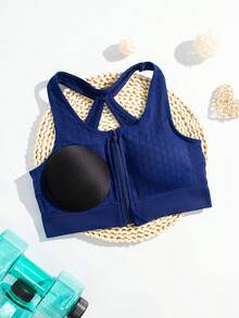 1 pieza Sujetador deportivo sin costuras y calado, Sujetador deportivo con cremallera frontal transpirable para mujeres