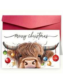 Biglietto di Buon Natale con busta - 1 pezzo, biglietto di auguri in carta premium per chiunque, design festivo con mucca e ornamenti, messaggi personalizzati per amici e famiglia, carte universali per la celebrazione del Natale - Multicolore - Visualizzare 10