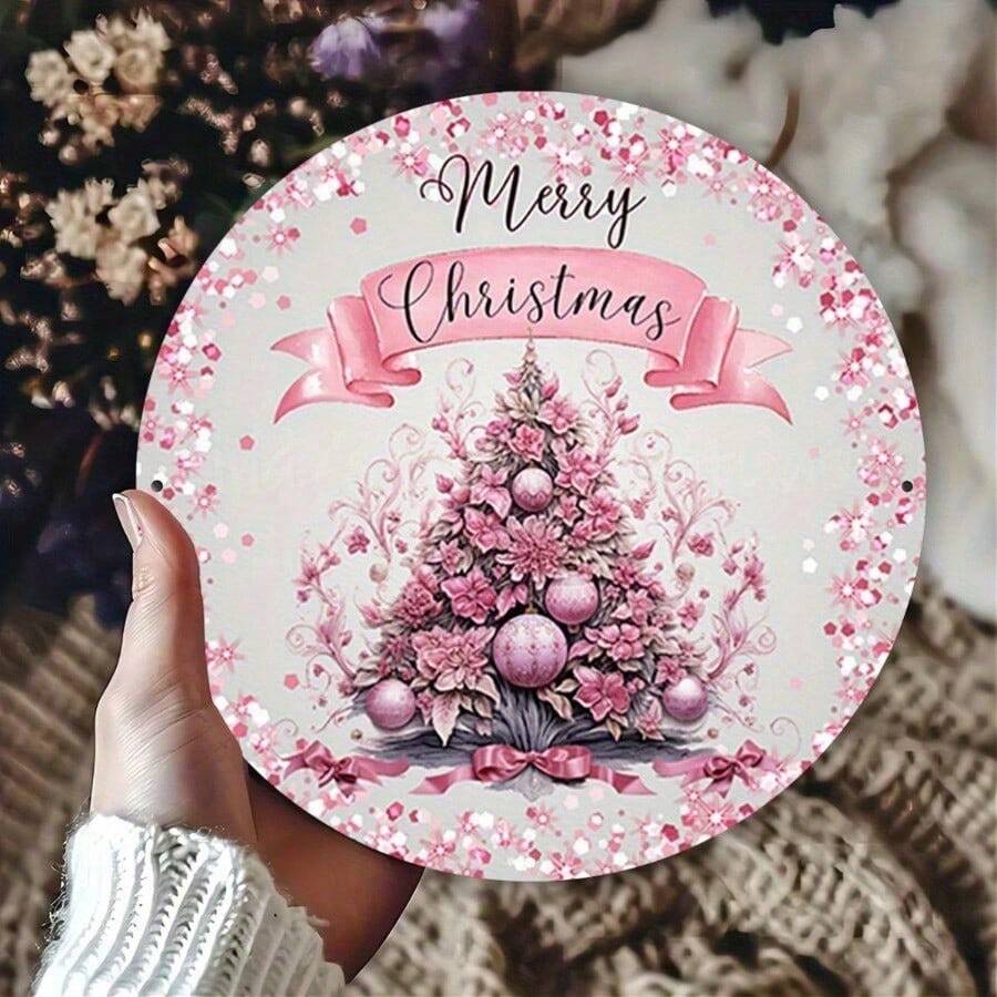 1pc Festive Pink Christmas Tree Wreath Sign - 7.87" Round Aluminum Door Decor With "Merry Christmas" Banner, Ornament Accents & Glitter Details For Holiday Home Entrance Display, Festive Wall Sign|Decorative Christmas Sign|Floral Accents Design, Christmas Tree Decorations Home Decor Christmas Decorations Room Decor